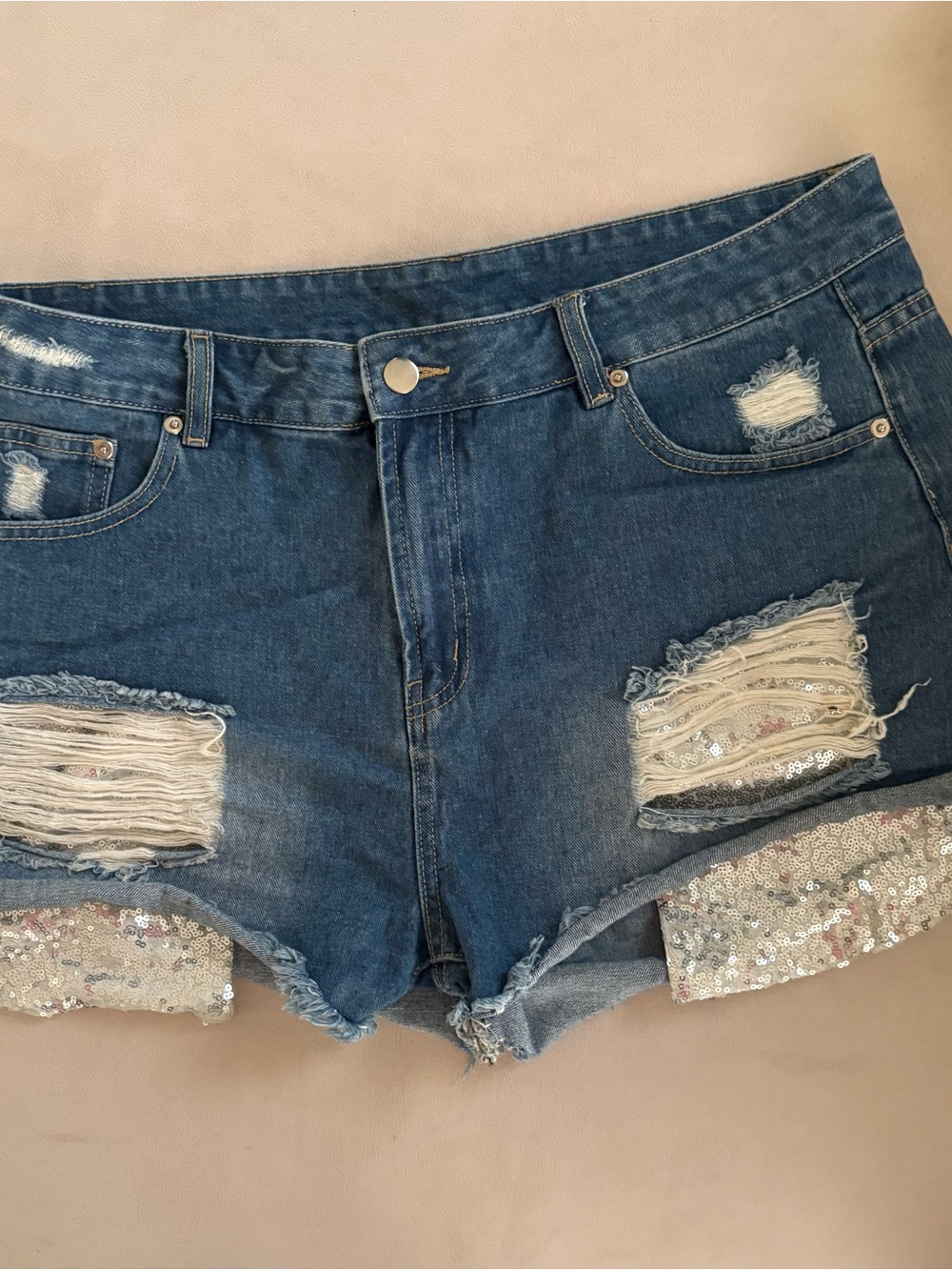 Denim Distressed Women's Shorts with Sequin Trim - Blue
